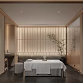 Luxurious SPA Sauna Interior With Massage Bed White Sheets Wooden Elements And Green Plant