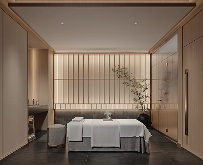 Luxurious SPA Sauna Interior With Massage Bed White Sheets Wooden Elements And Green Plant 3d model