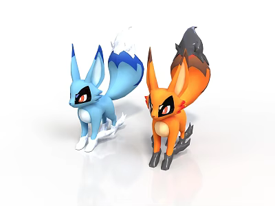 Cartoon Style Blue And Orange Fantasy Foxes With Pointed Ears And Bushy Tails 3d model