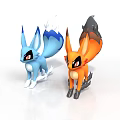 Cartoon Style Blue And Orange Fantasy Foxes With Pointed Ears And Bushy Tails