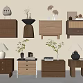 Various Wooden Bedside Tables With Drawers Lamps And Decorative Plants