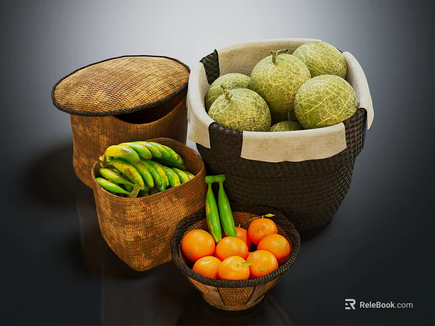 Assorted Fresh Fruits With Bananas Melons And Oranges In Woven Baskets 3d model 