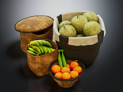 Assorted Fresh Fruits With Bananas Melons And Oranges In Woven Baskets 3d model