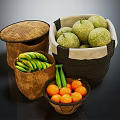 Assorted Fresh Fruits With Bananas Melons And Oranges In Woven Baskets