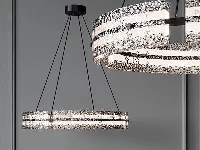 Modern Circular Chandelier With Textured Glass Rings And Black Metal Hanging In Interior 3d model