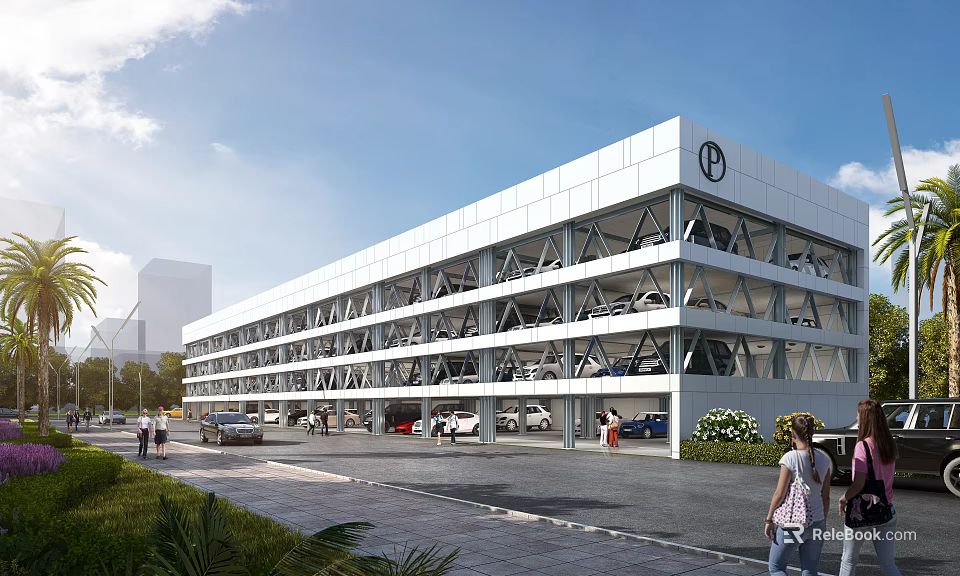 Modern Multi Level Parking Garage Exterior With Parked Cars And Pedestrians 3d model 