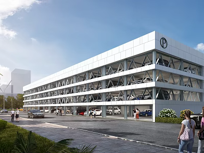 Modern Multi Level Parking Garage Exterior With Parked Cars And Pedestrians 3d model