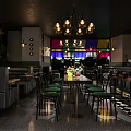 Elegant Restaurant Interior With Colorful Stained Glass Brass Chandeliers And City Night View