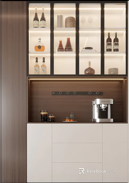 Modern Wine Cabinet Interior Design With Glass Doors Wine Bottles And Coffee Machine 3d model 