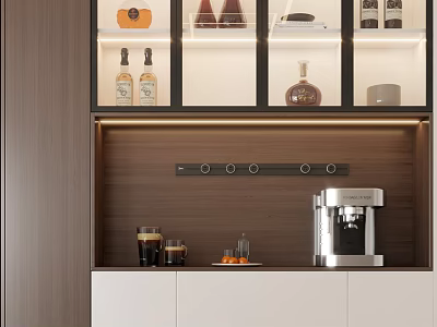 Modern Wine Cabinet Interior Design With Glass Doors Wine Bottles And Coffee Machine 3d model