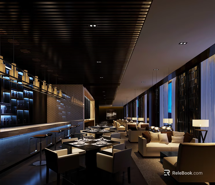 Modern Restaurant Interior Design With Bar Counter Dining Tables And Sofa Seats 3d model 