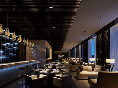 Modern Restaurant Interior Design With Bar Counter Dining Tables And Sofa Seats 3d model