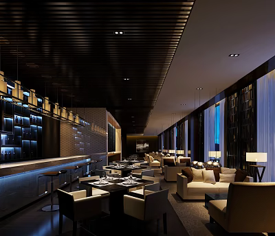 Modern Restaurant Interior Design With Bar Counter Dining Tables And Sofa Seats 3d model