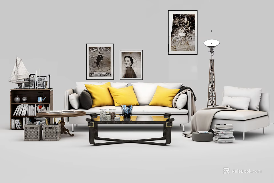 Modern Living Room Sofa Coffee Table Set With Yellow Cushions Wall Art And Floor Lamp 3d model 