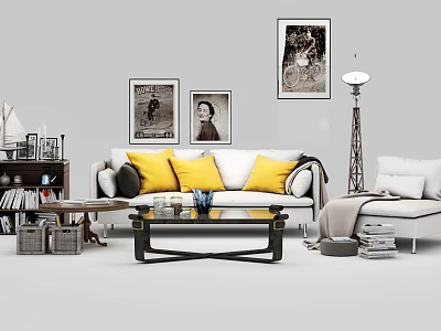 Modern Living Room Sofa Coffee Table Set With Yellow Cushions Wall Art And Floor Lamp 3d model