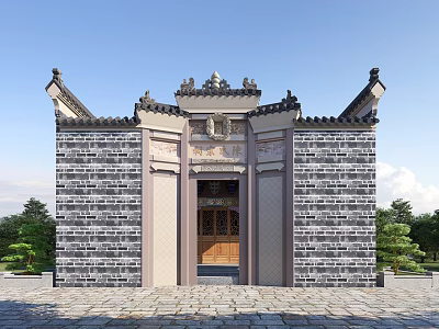 Ancient Chinese Architectural Gateway With Brick Wall Carved Wooden Door And Curved Eaves 3d model