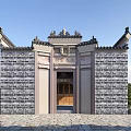 Ancient Chinese Architectural Gateway With Brick Wall Carved Wooden Door And Curved Eaves