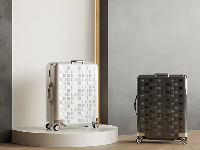 Stylish Travel Luggage Set with Silver and Black Textured Suitcases on Display Stand 3d model