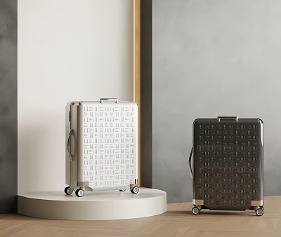 Stylish Travel Luggage Set with Silver and Black Textured Suitcases on Display Stand 3d model