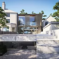Modern Detached House Featuring Large Glass Windows Louvered Design Concrete Steps And Trees