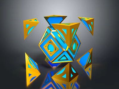 Gold And Blue Geometric Polyhedrons Arranged Around Central Cube With Reflections On Dark Background 3d model