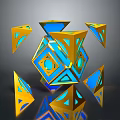 Gold And Blue Geometric Polyhedrons Arranged Around Central Cube With Reflections On Dark Background