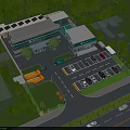 Aerial View Planning of Modern Building with Solar Panels Parking Lot Greenery Vehicles and Road