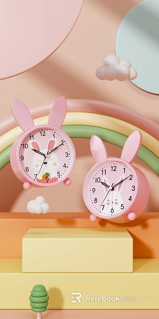 Cute Pink Rabbit Shaped Clocks with Rainbow Background and Decorative Elements 3d model