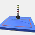 Sports Training Equipment With Blue Square Mat Long Pole Black Disc And Stacked Colored Balls