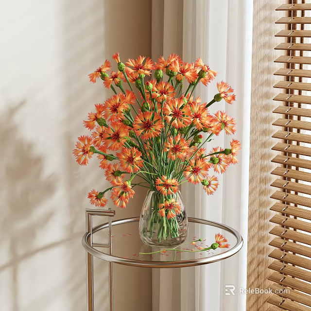 Orange Flowers in Clear Glass Vase on Metal Side Table with Window Blinds and Curtains 3d model 