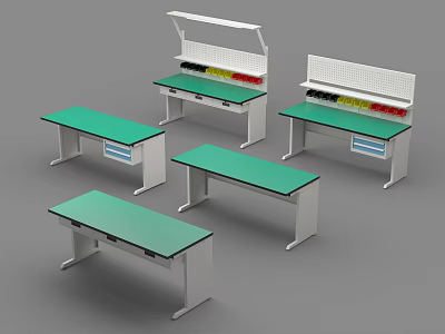 Multiple Functional Tables with Green Tabletop White Frame and Storage Shelves 3d model
