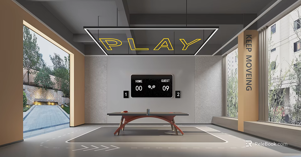Indoor Fitness Space With PLAY Neon Sign Digital Timer Screen And KEEP MOVING Slogan 3d model 