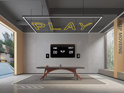 Indoor Fitness Space With PLAY Neon Sign Digital Timer Screen And KEEP MOVING Slogan 3d model