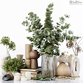 Decorative Ornament Combination Featuring Green Plants Vases Stacked Books And White Candles