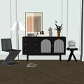 Dark Wood Sideboard with Gold Handles Glass Doors and Floor Lamp Artwork in Modern Interior