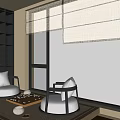 New Chinese Style Casual Table and Chair Recreation Room Go Table and Chair Tatami Go Table and Chair Go Board Go Bonsai Bonsai Frame Scene 3d model