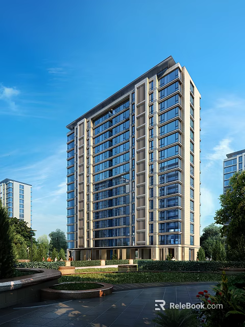 Modern High Rise Residential Building With Glass Windows Green Trees And Blue Sky 3d model 