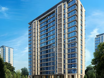 Modern High Rise Residential Building With Glass Windows Green Trees And Blue Sky 3d model