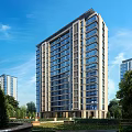 Modern High Rise Residential Building With Glass Windows Green Trees And Blue Sky