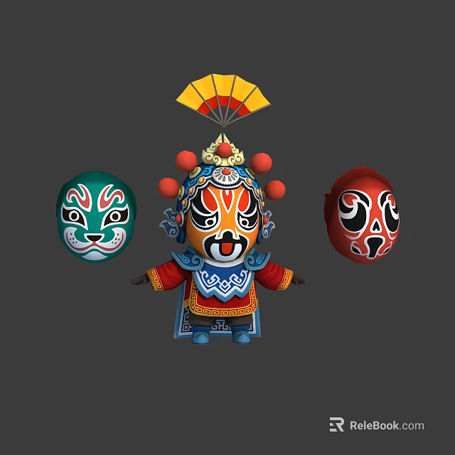 Traditional Peking Opera Character 3D Model With Masks Red Ornaments And Fan 3d model 
