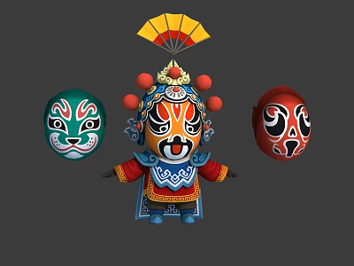 Traditional Peking Opera Character 3D Model With Masks Red Ornaments And Fan 3d model