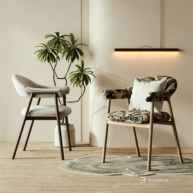 Modern Dining Chairs With Potted Plant Floor Lamp And Rug In Interior 3d model 