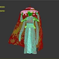 Traditional Costume Mannequin Wearing Red White Robe Black Cape Yellow Belt And Bamboo Hat