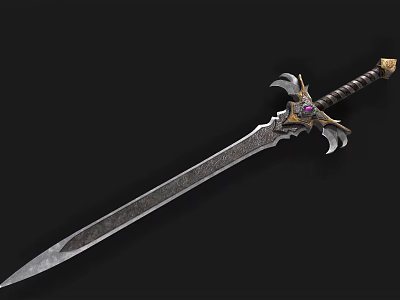 Fantasy Decorative Sword With Engraved Blade Ornate Hilt And Purple Gemstone 3d model