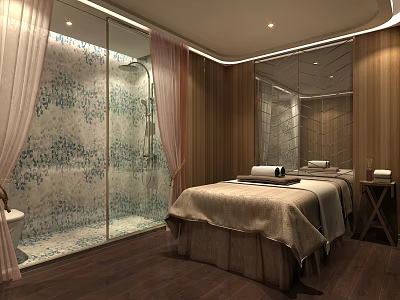 Serene SPA Sauna Room With Massage Bed Shower Mirror And Wooden Walls 3d model