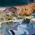 Abstract Landscape Artwork With Blue Water Brown Rocks Green Vegetation And Geometric Shapes