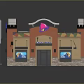 Cartoon Scene Of Orange Burger Restaurant Building With Best Burgers Sign And Colorful Decor