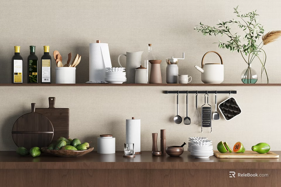 Organized Kitchenware on Shelf with Hanging Utensils Containers Teapot and Paper Towel 3d model 