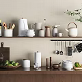 Organized Kitchenware on Shelf with Hanging Utensils Containers Teapot and Paper Towel