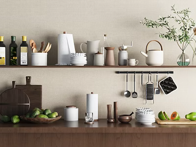 Organized Kitchenware on Shelf with Hanging Utensils Containers Teapot and Paper Towel 3d model